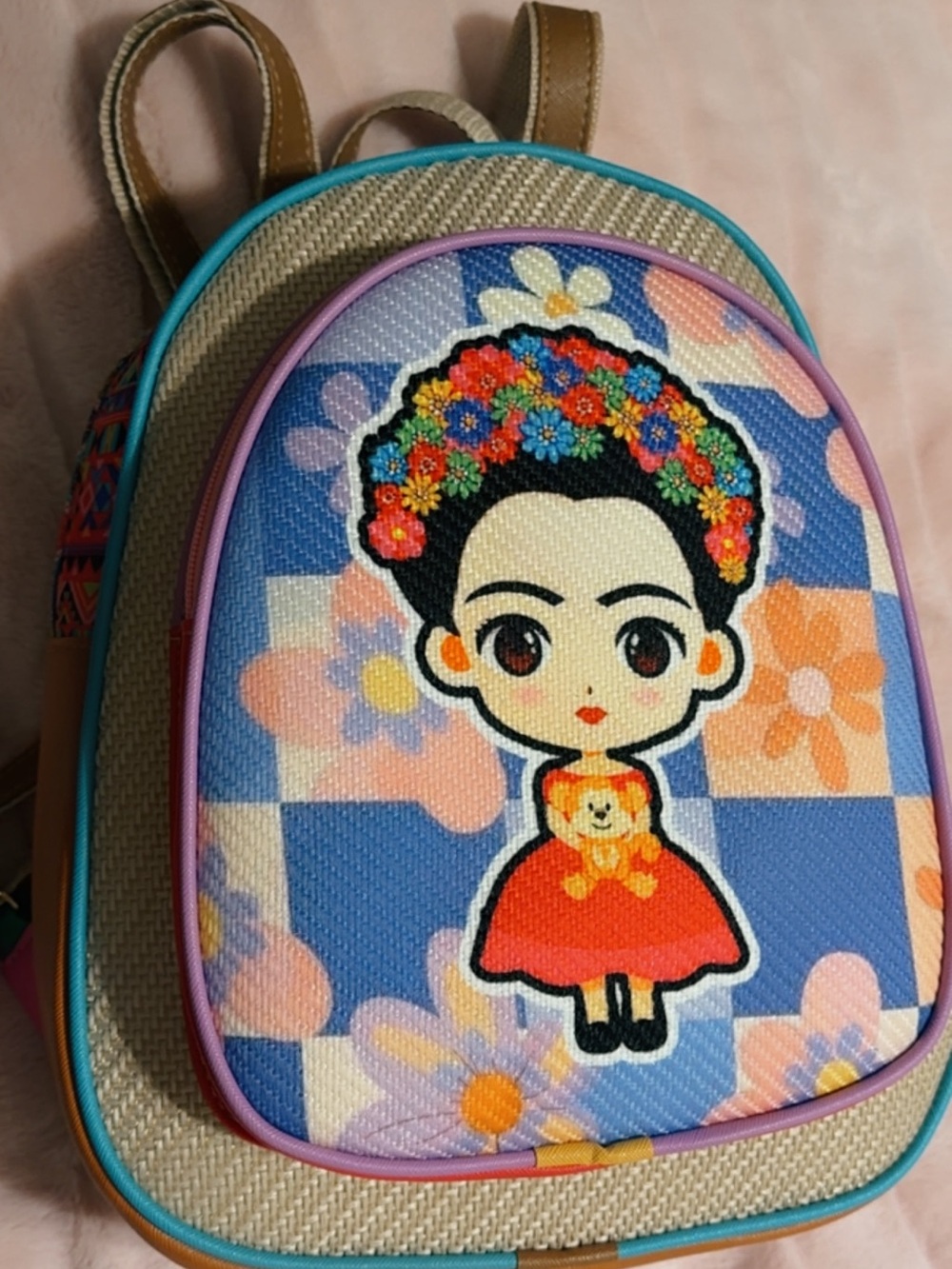 Kids Cartoon Floral Backpack in Blue and Pink